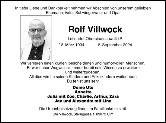 Traueranzeige von Rolf Villwock von SÜDWEST PRESSE Ausgabe Ulm/Neu-Ulm