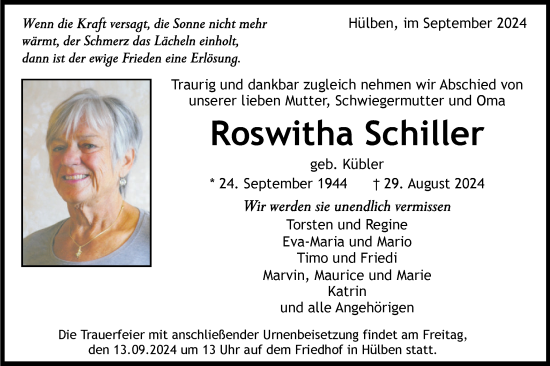 Traueranzeige von Roswitha Schiller von Alb-Bote/Metzinger-Uracher Volksblatt