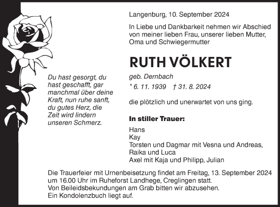 Traueranzeige von Ruth Völkert von Hohenloher Tagblatt