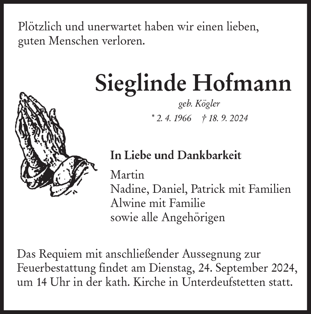  Traueranzeige für Sieglinde Hofmann vom 21.09.2024 aus Hohenloher Tagblatt