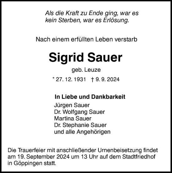 Traueranzeige von Sigrid Sauer von NWZ Neue Württembergische Zeitung