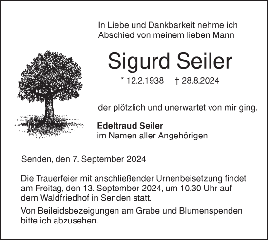 Traueranzeige von Sigurd Seiler von SÜDWEST PRESSE Ausgabe Ulm/Neu-Ulm