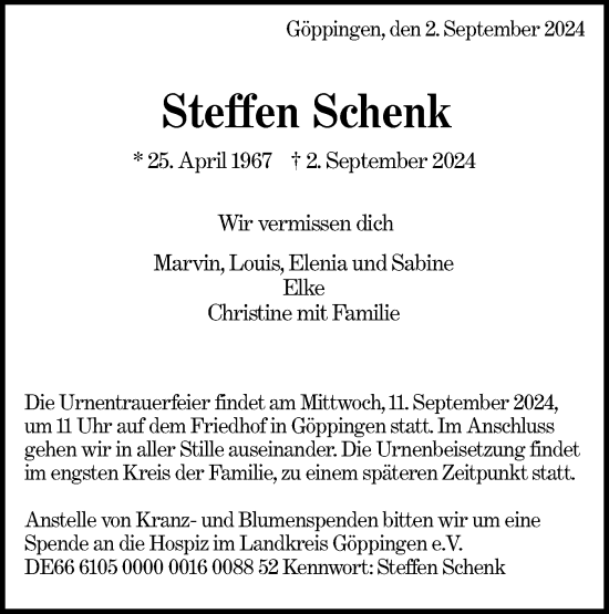 Traueranzeige von Steffen Schenk von NWZ Neue Württembergische Zeitung