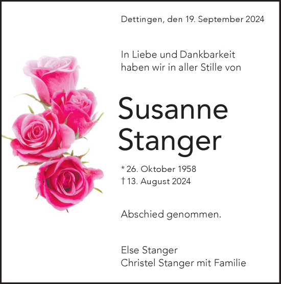 Traueranzeige von Susanne Stanger von Alb-Bote/Metzinger-Uracher Volksblatt