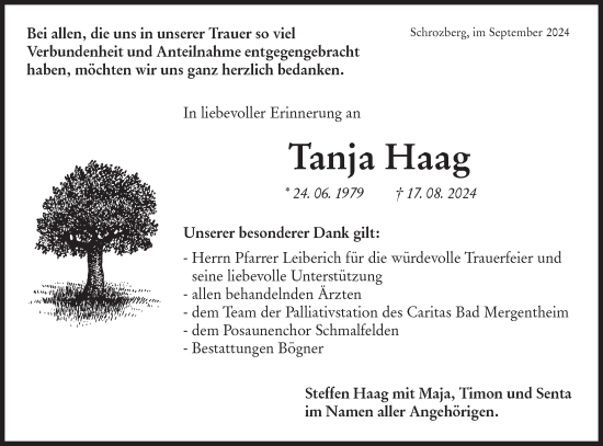 Traueranzeige von Tanja Haag von Hohenloher Tagblatt