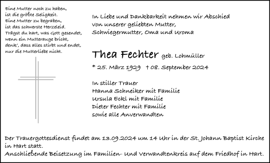 Traueranzeige von Thea Fechter von SÜDWEST PRESSE Zollernalbkreis/Hohenzollerische Zeitung