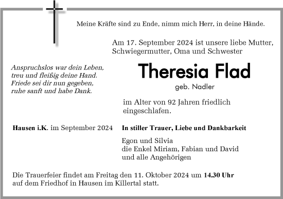 Traueranzeige von Theresia Flad von SÜDWEST PRESSE Zollernalbkreis/Hohenzollerische Zeitung