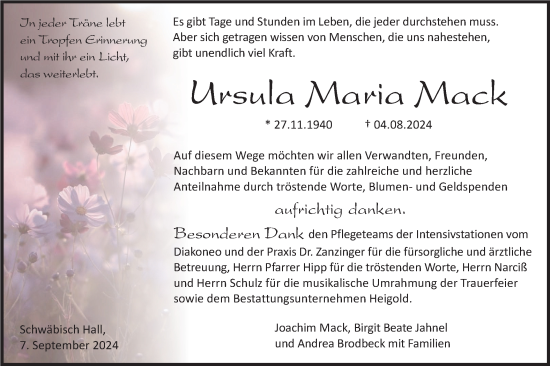 Traueranzeige von Ursula Maria Mack von Haller Tagblatt