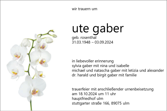 Traueranzeige von Ute Gaber von SÜDWEST PRESSE Ausgabe Ulm/Neu-Ulm