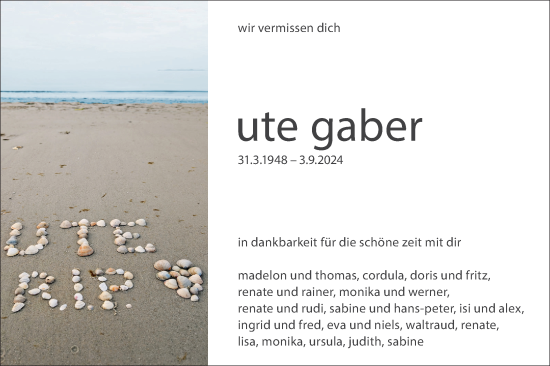 Traueranzeige von Ute Gaber von SÜDWEST PRESSE Ausgabe Ulm/Neu-Ulm