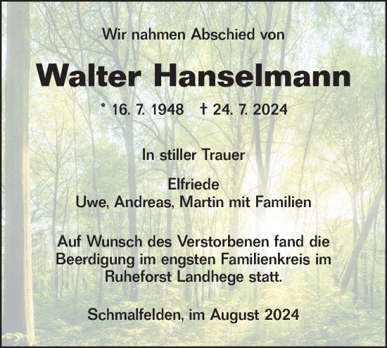 Traueranzeige von Walter Hanselmann von Hohenloher Tagblatt