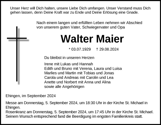 Traueranzeige von Walter Maier von Ehinger Tagblatt