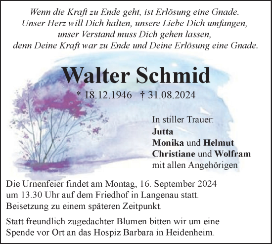 Traueranzeige von Walter Schmid von SÜDWEST PRESSE Ausgabe Ulm/Neu-Ulm