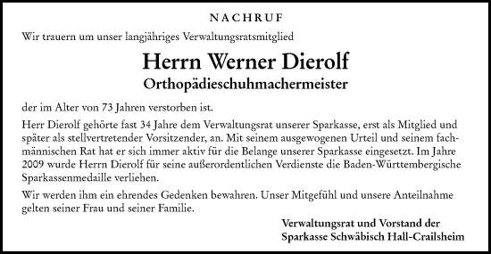 Traueranzeige von Werner Dierolf von Haller Tagblatt