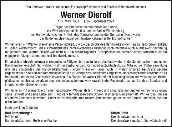 Traueranzeige von Werner Dierolf von Haller Tagblatt