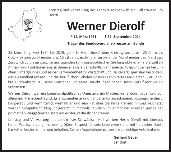 Traueranzeige von Werner Dierolf von Haller Tagblatt