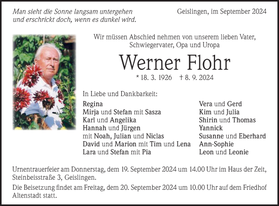 Traueranzeige von Werner Flohr von Geislinger Zeitung