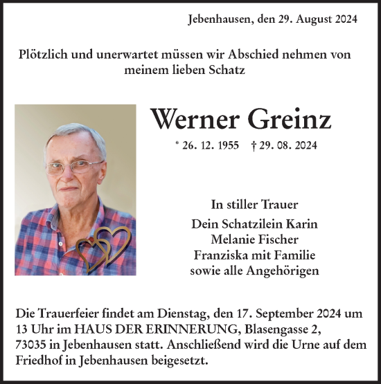 Traueranzeige von Werner Greinz von NWZ Neue Württembergische Zeitung