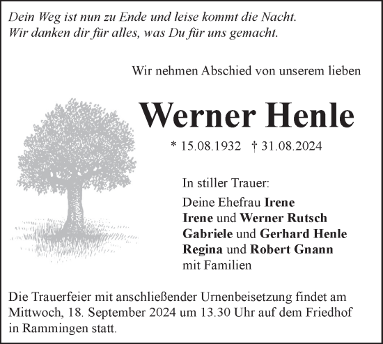 Traueranzeige von Werner Henle von SÜDWEST PRESSE Ausgabe Ulm/Neu-Ulm