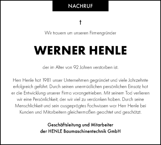 Traueranzeige von Werner Henle von SÜDWEST PRESSE Ausgabe Ulm/Neu-Ulm