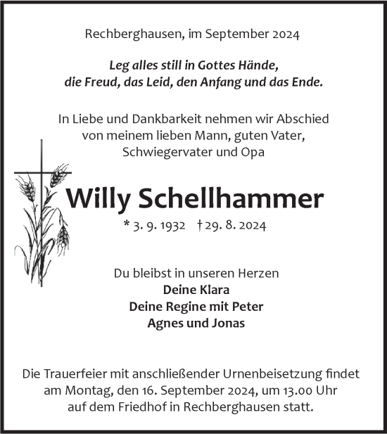 Traueranzeige von Willy Schellhammer von NWZ Neue Württembergische Zeitung