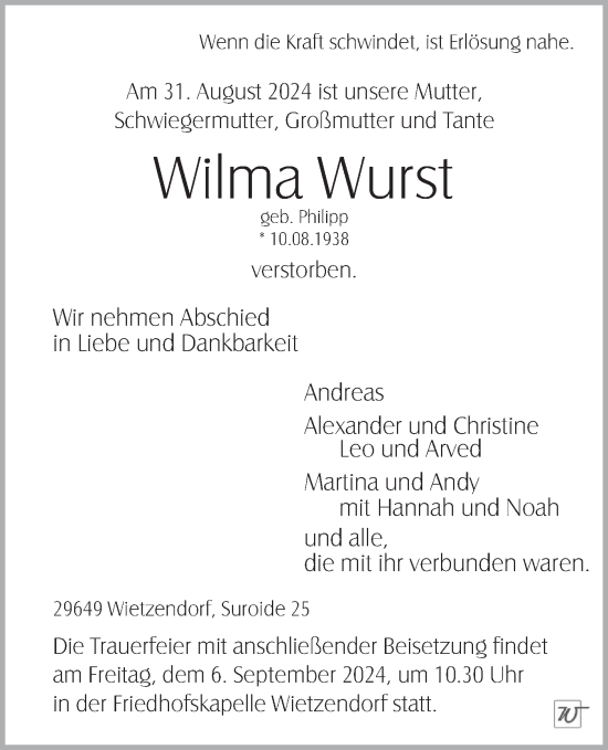 Traueranzeige von Wilma Wurst von SÜDWEST PRESSE Ausgabe Ulm/Neu-Ulm