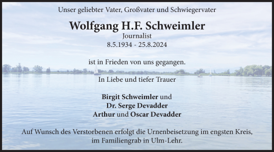 Traueranzeige von Wolfgang H. F. Schweimler von SÜDWEST PRESSE Ausgabe Ulm/Neu-Ulm