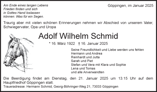 Traueranzeige von Adolf Wilhelm Schmid von NWZ Neue Württembergische Zeitung