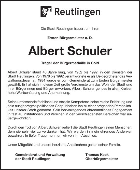 Traueranzeige von Albert Schuler von Alb-Bote/Metzinger-Uracher Volksblatt