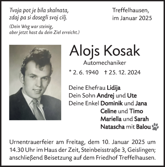 Traueranzeige von Alojs Kosak von Geislinger Zeitung