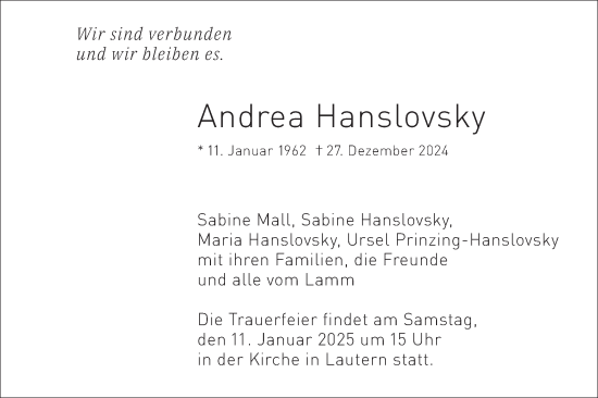 Traueranzeige von Andrea Hanslovsky von SÜDWEST PRESSE Ausgabe Ulm/Neu-Ulm