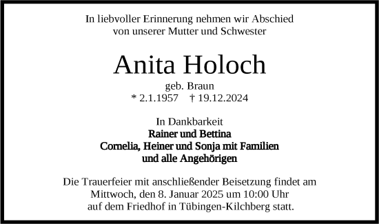 Traueranzeige von Anita Holoch von Schwäbische Tagblatt