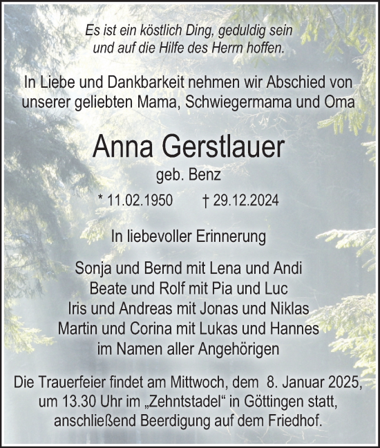 Traueranzeige von Anna Gerstlauer von SÜDWEST PRESSE Ausgabe Ulm/Neu-Ulm