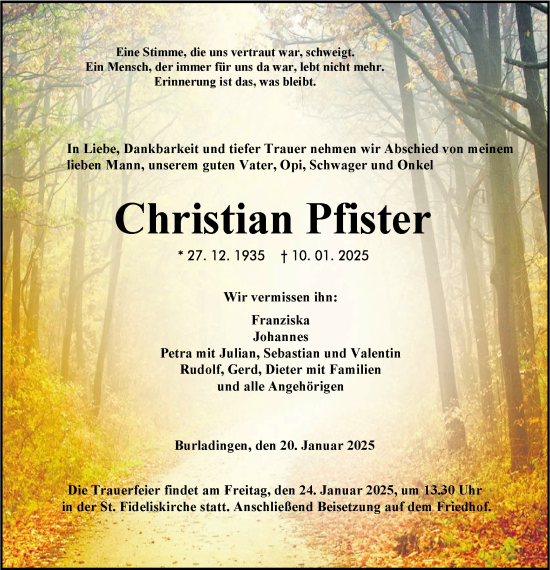 Traueranzeige von Christian Pfister von SÜDWEST PRESSE Zollernalbkreis/Hohenzollerische Zeitung