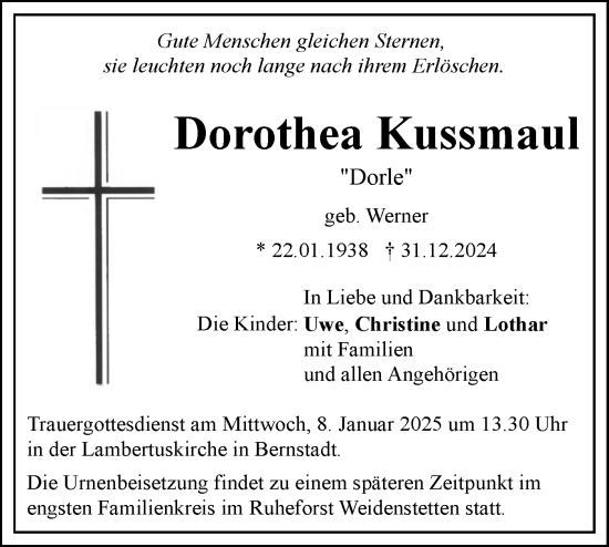 Traueranzeige von Dorothea Kussmaul von SÜDWEST PRESSE Ausgabe Ulm/Neu-Ulm