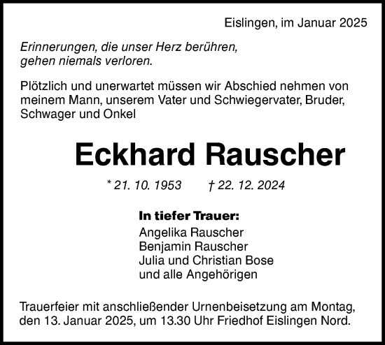 Traueranzeige von Eckhard Rauscher von NWZ Neue Württembergische Zeitung