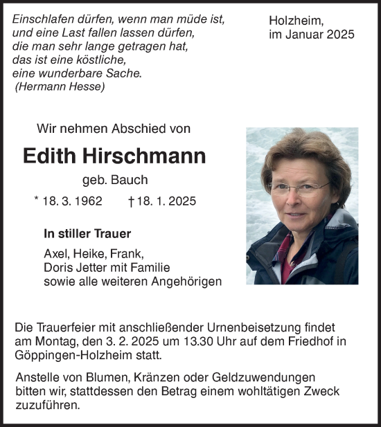 Traueranzeige von Edith Hirschmann von NWZ Neue Württembergische Zeitung