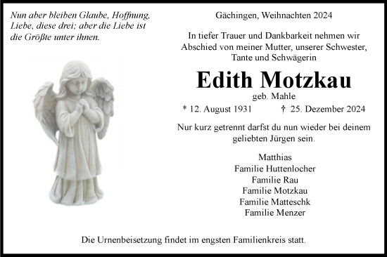 Traueranzeige von Edith Motzkau von Alb-Bote/Metzinger-Uracher Volksblatt