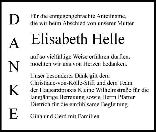 Traueranzeige von Elisabeth Helle von Schwäbische Tagblatt