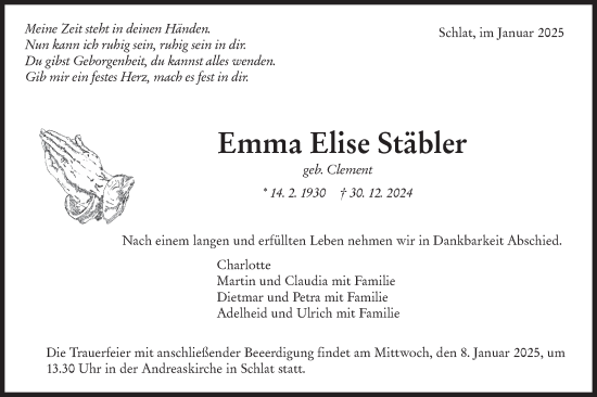 Traueranzeige von Emma Elise Stäbler von NWZ Neue Württembergische Zeitung