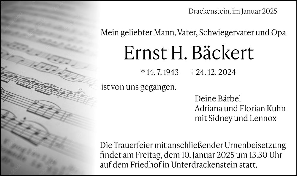  Traueranzeige für Ernst Bäckert vom 04.01.2025 aus Geislinger Zeitung