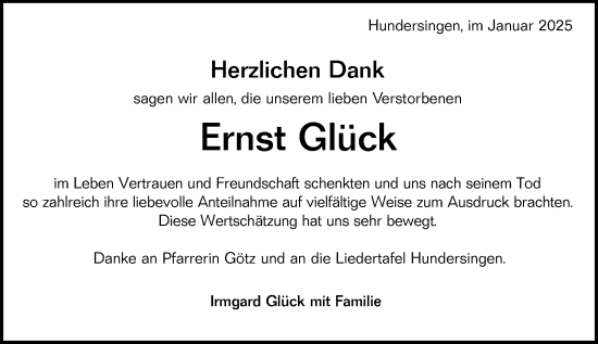 Traueranzeige von Ernst Glück von Alb-Bote/Metzinger-Uracher Volksblatt