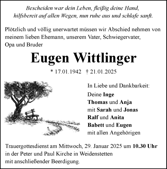 Traueranzeige von Eugen Wittlinger von SÜDWEST PRESSE Ausgabe Ulm/Neu-Ulm