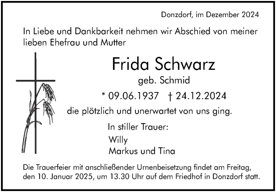 Traueranzeige von Frida Schwarz von NWZ Neue Württembergische Zeitung