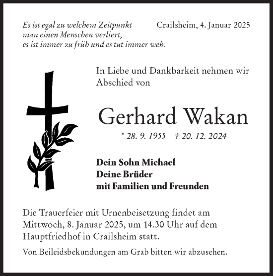 Traueranzeige von Gerhard Wakan von Hohenloher Tagblatt