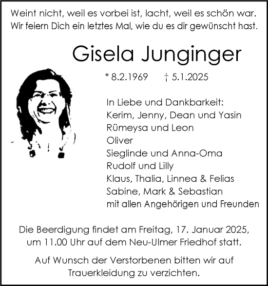 Traueranzeige von Gisela Junginger von SÜDWEST PRESSE Ausgabe Ulm/Neu-Ulm