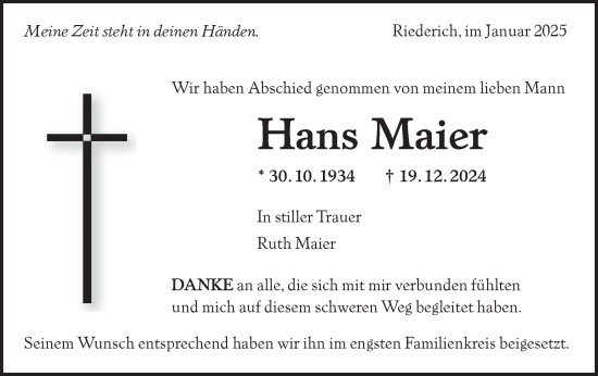 Traueranzeige von Hans Maier von Alb-Bote/Metzinger-Uracher Volksblatt