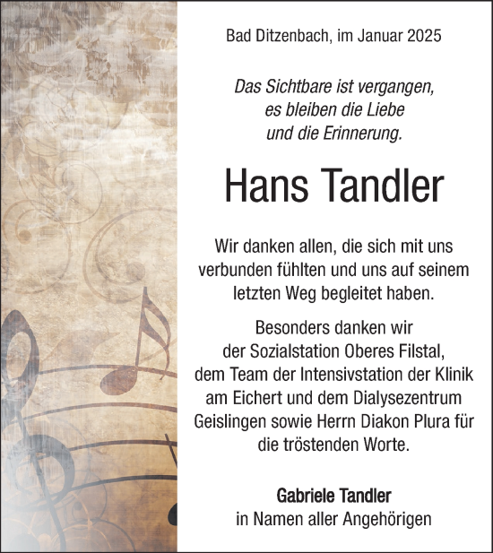 Traueranzeige von Hans Tandler von Geislinger Zeitung