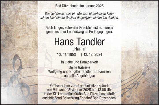 Traueranzeige von Hans Tandler von Geislinger Zeitung