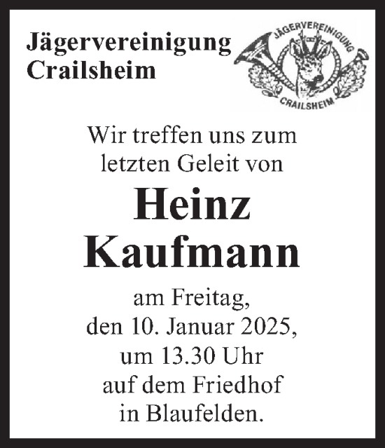 Traueranzeige von Heinz Kaufmann von Hohenloher Tagblatt